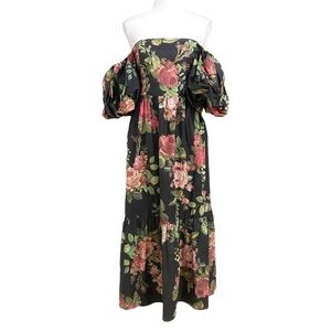 NWT ESPECIA VL-LILY BLACK FLORAL PUFFY PEASANT SHORT SLEEVE TIERED MAXI DRESS